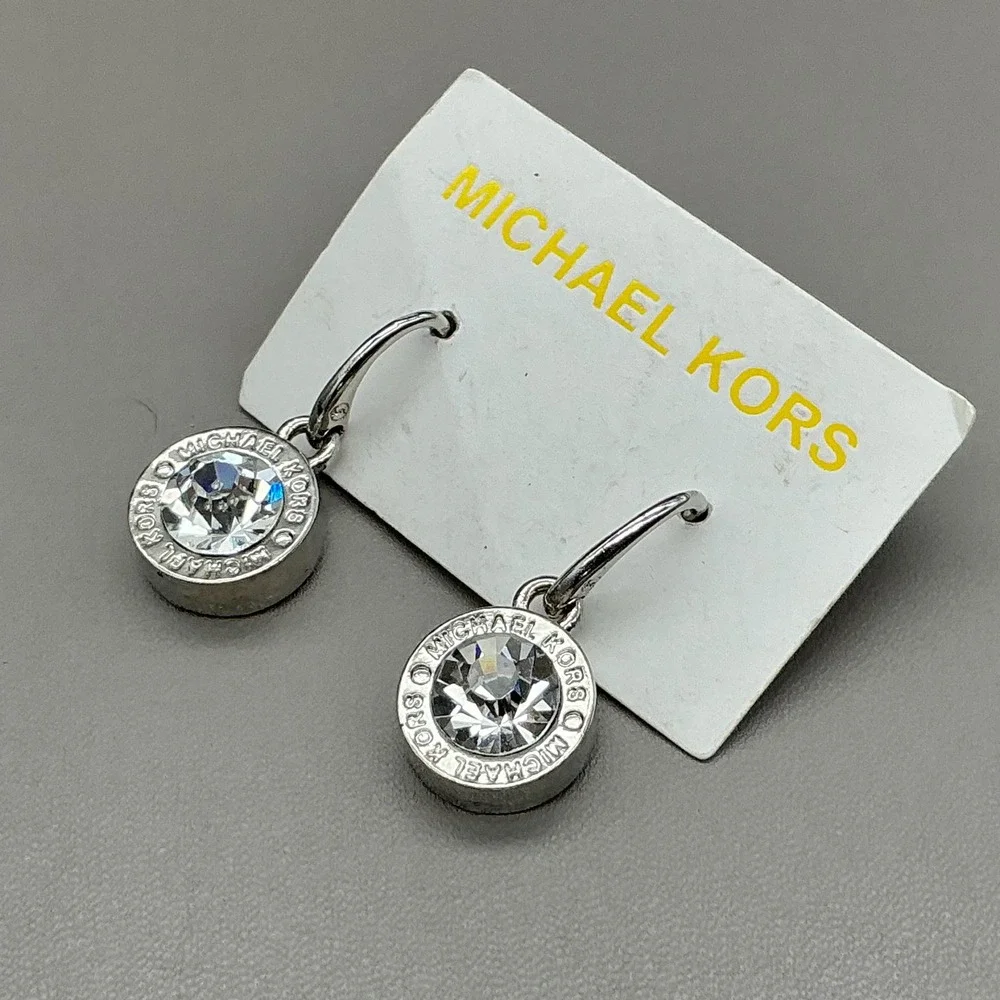 Michael Kors Silver Tone Crystal Logo Drop Earrings MK Fashion Jewelry 8048